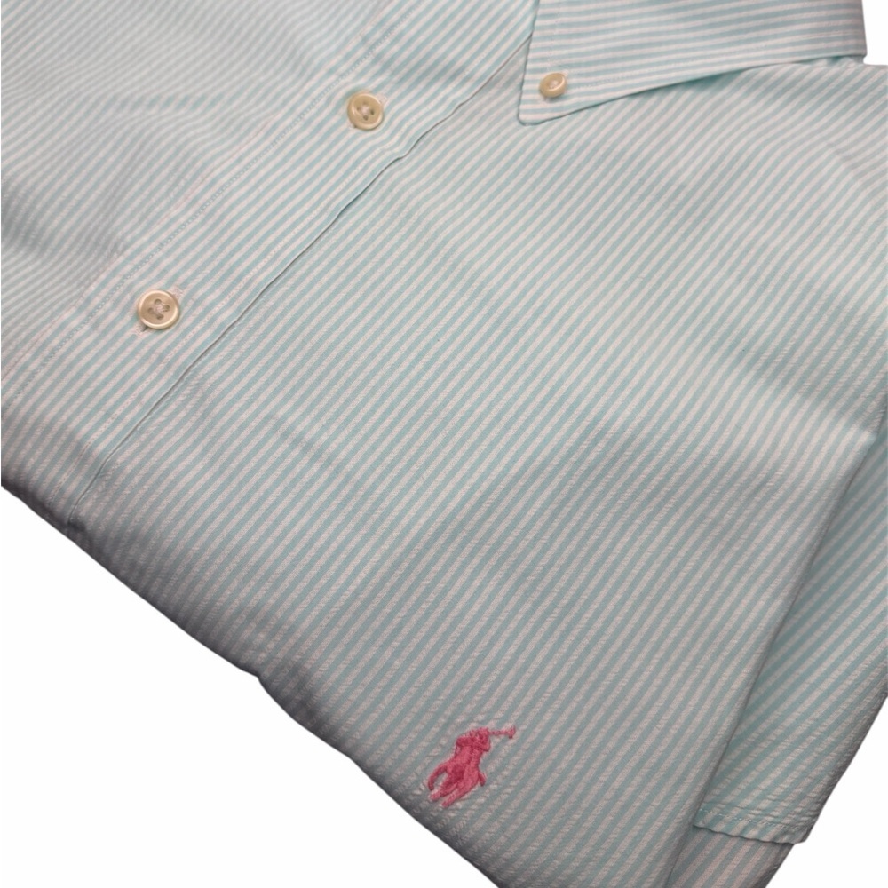 Ralph Lauren Light Blue and White Striped Button-Down Shirt with Pink Pony